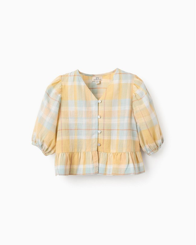 Camisa de manga corta de cuadros de algodón